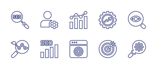SEO line icon set. Editable stroke. Vector illustration. Containing seo, profile, analytics, optimization, vision, software, target.