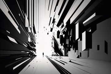 Minimalist digital design with glitch effect and bold black and white lines, generative ai