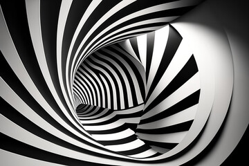 Mesmerizing optical illusion wallpaper featuring bold stripes and curvy lines in black and white, generative ai