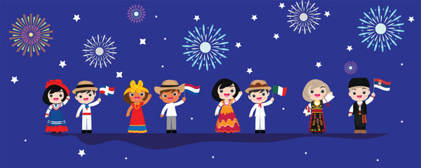 Fototapeta na wymiar Kids national in traditional costume. Happy new year,vector illustrational.
