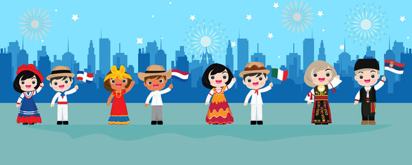 Fototapeta premium Kids in traditional costume. Happy new year country national,vector illustrational.