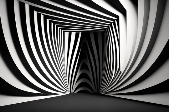 Fototapeta Minimalist optical illusion wallpaper with clean and straight black and white stripes and curves, generative ai