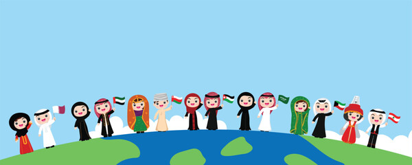 ntional children of different races and colors holding hands and standing on the globe, the planet. vector illustration