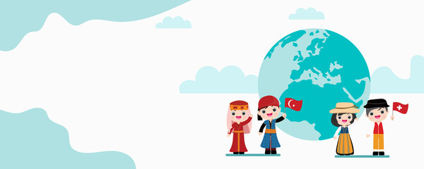 kid national from all around world standing on globe, representatives waving  isolated vector illustration.