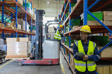 Store clerks inspect products, warehouses, industrial and logistics supply chains.