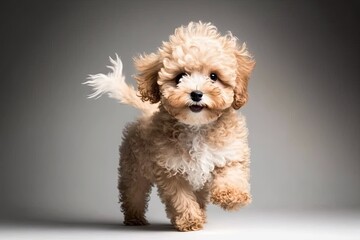 Little dog Maltipoo poses. A cute, playful dog or pet playing on a white studio background. The idea that people love their pets. It seems happy and funny. Generative AI
