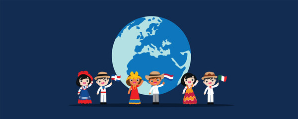 people from all around world standing on globe, representatives waving  isolated vector illustration.