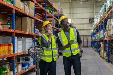 Store clerks inspect products, warehouses, industrial and logistics supply chains.