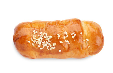 One delicious sausage roll isolated on white, top view