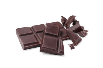 Pieces of delicious dark chocolate bar on white background