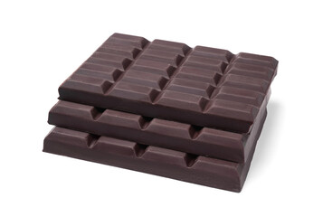 Delicious dark chocolate bars on white background