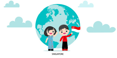 Fototapeta premium ntional children Singapore of different races and colors holding hands and standing on the globe, the planet. vector illustration