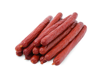 Many delicious smoked sausages isolated on white