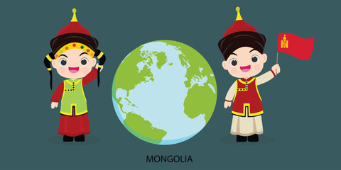 ntional children Mongolia of different races and colors holding hands and standing on the globe, the planet. vector illustration