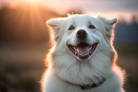 A picture of a white dog that is happy and smiling. Photo of good quality. Generative AI