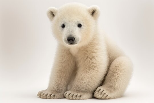 Three month old polar bear cub, Ursus maritimus, sitting on white background. Generative AI
