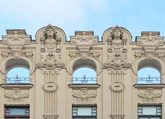 Arts nouveau building sculptural decorative element. Riga, Latvia