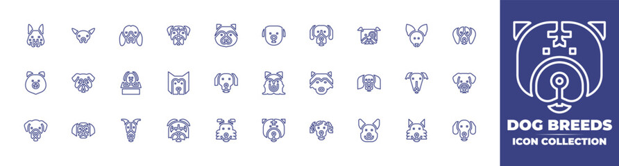 Dog breeds line icon collection. Editable stroke. Vector illustration. Containing german shepherd, chihuahua, dachshund, boxer, dog, beagle, bulldog, pomeranian, pug, adoption, and more.