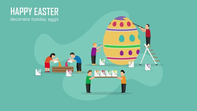 Happy Easter scene with kids painting a huge easter egg