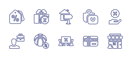 Sales line icon set. Editable stroke. Vector illustration. Containing coupon, present, for sale, bag, discount, trader, beach ball, gift card, store.