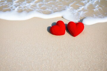 Two hearts on the tropical beach during sunny day on sunny day with free space for text