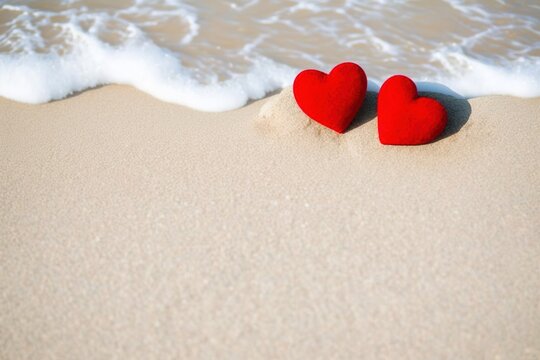 Two red hearts on the summer beach