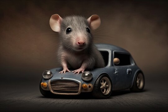 Portrait of a baby rat with a toy car taken in a studio. Generative AI