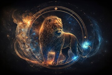 zodiac sign leo lion, magic circle galaxy universe stars astronomy astrology, fantasy dream elements, generative ai - obrazy, fototapety, plakaty