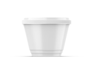White plastic pot with foil cover for yogurt, cream, dessert or jam. 200 ml packaging mockup template. 3d render illustratio