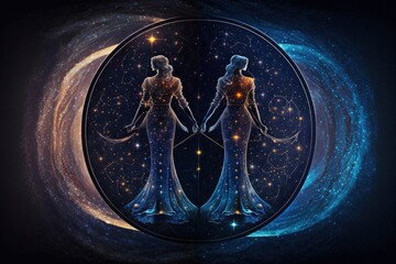 zodiac sign gemini twins, magic circle galaxy universe stars astronomy astrology, fantasy dream elements, generative ai - obrazy, fototapety, plakaty
