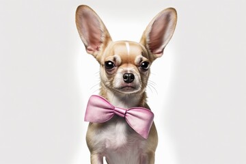 Chihuahua dog wearing bunny ears and a pink tie for Easter, standing alone against a white background. Generative AI