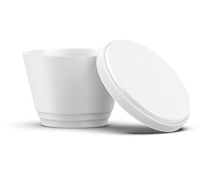 White plastic pot with foil cover for yogurt, cream, dessert or jam. 200 ml packaging mockup template. 3d render illustratio
