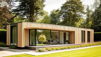 Fototapeta na wymiar Modern house exterior with garden and trees. Generative AI