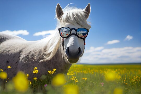 White horse with glasses on the meadow with yellow flowers and blue sky. Generative AI
