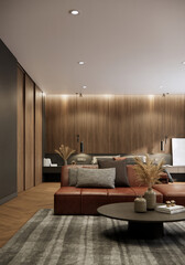 Modern living room with bedroom area. Contemporary hotel room design. 3d rendering illustration vertical background