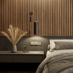 3D rendering of Modern interior of dark tone bedroom with bedding and decorative with trendy dried flowers