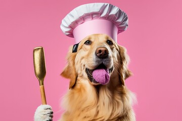 On a pink background, there is a dog wearing a chef's hat and holding a spatula in his mouth. Golden Retriever dressed as a chef for a restaurant, cafe, or sign. Generative AI