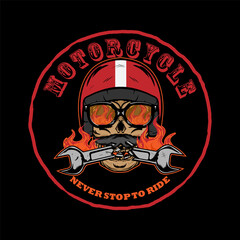 Biker skull with helmet and tools for motorcycle club logo or merchandise, vector