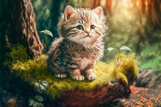 Cute Small Cat with green nature background