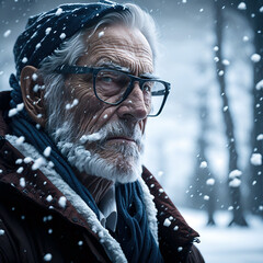 portrait of old man in the snow. Generative AI