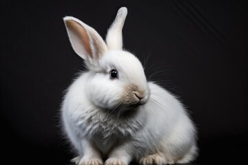 In the studio, a white domestic baby rabbit on a black background. Generative AI