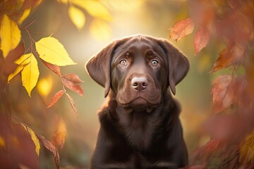 Portrait of a happy, cute brown Labrador Retriever puppy against a background of leaves. Head shot of a happy dog at sunset with a colorful spring leaf and room for text. Generative AI