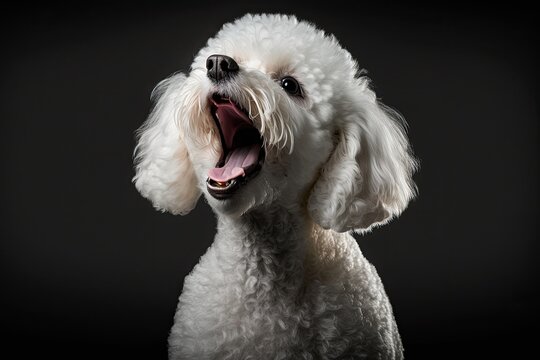 A picture of a small white poodle. On a black background, a dog yawns. Beautiful pet. Generative AI