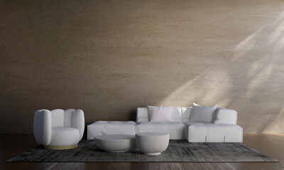 Fototapeta na wymiar Modern cozy living room and brown concrete wall texture background interior design. 3D rendering