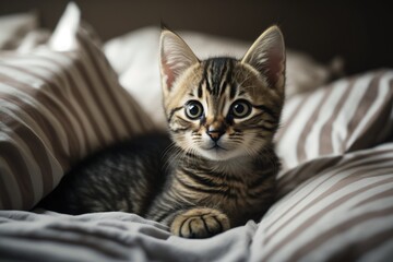Portrait of cute little small animal pet domestic young kitten cat playing with fun on the bed at home, cute striped tabby baby paw mammal fluffy feline kitty looking camera with curious eye