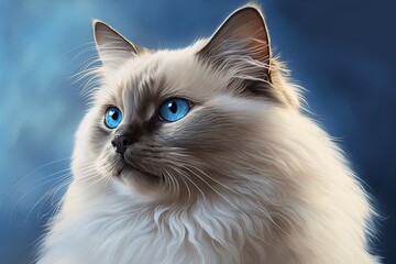 fluffy blue point a picture of a birman cat with blue eyes on a blue background with space to write. Generative AI