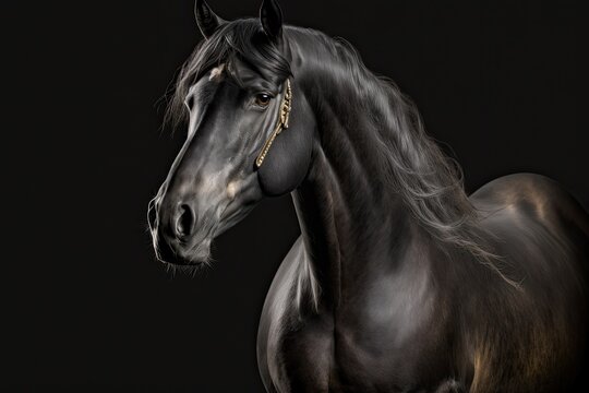 On a black background, a beautiful black horse is posing for a picture. Generative AI
