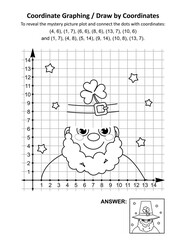 Coordinate graphing, or draw by coordinates, math worksheet with St Patrick's Day mystery picture of leprechaun's top hat: To reveal the mystery picture plot and join the dots with given coordinates
