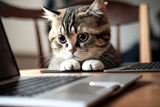 Cute cat in close up sitting at desk with laptop. Online work and schooling. Generative AI