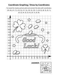 Obraz premium Coordinate graphing, or draw by coordinates, math worksheet with St Patrick's Day mystery picture of pot-of-gold. Answer included. 